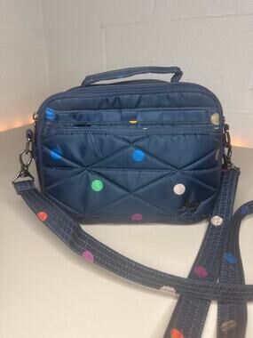 Lug Roundabout XL Crossbody Bag Navy Polka Dot Quilted Travel Organizer RFID